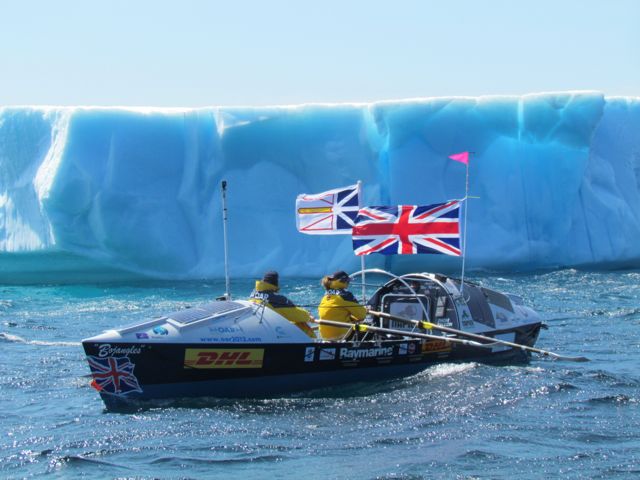 Roz Savage past the iceberg in Tapper's Cove | Photo from Roz Savage site