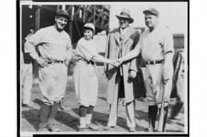 Jackie Mitchell, Gehrig and Ruth/Photo: Library of Congress