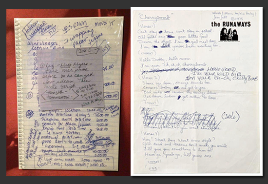 (L) Madonna's Notes (R) Runaway's "Cherry Bomb" lyrics 1976 (Image Courtesy of Rock and Roll Hall of Fame and Museum)