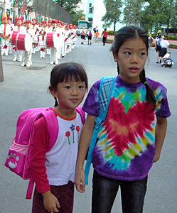 Anya and Maya, first day of school, Beijing, 2004/Photo: Jenny Bowen