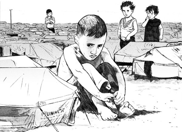 Illust. of Refugee Suffering by Ruth Gwily/NY Times