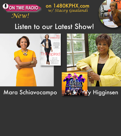 TWE Podcasts with Guests Mara Schiavocampo with her book, "Thinspired" and Vy Higginsen with the poster for "Alive: 55+ and Kickin' "