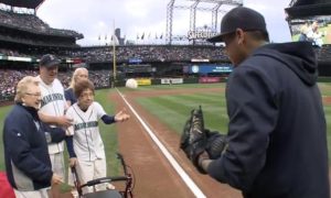 Evelyn Jones at 108 throws first pitch