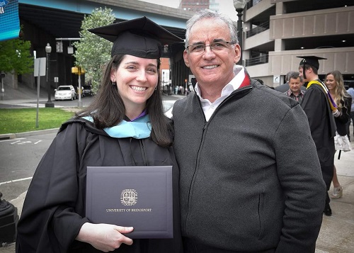 Melissa Salguero and her father George Salguero at 2015 graduation University of Bridgeport getting her M. A. Elementary Education diploma/Photo: George Salguero/Photo Courtesy Melissa Ssalguero
