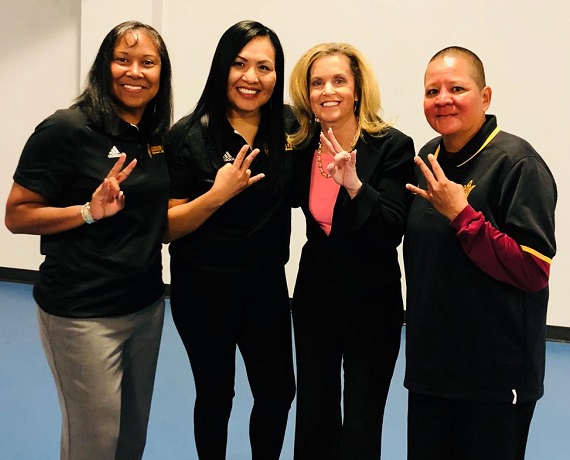 Dr. Michelle Tom, family physician at Navajo Nation with her former basketball coach at ASU WBB Charli Turner Thorne and friends Rainy Crisp (l) and Ryneldi Becenti (r)/Photo Courtesy Dr. Tom
