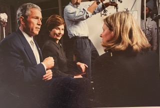 Former President George Bush and wife Laura taping with producer Nancy Steiner for a PBS program/Photo Courtesy Nancy Steiner, White House Photograph