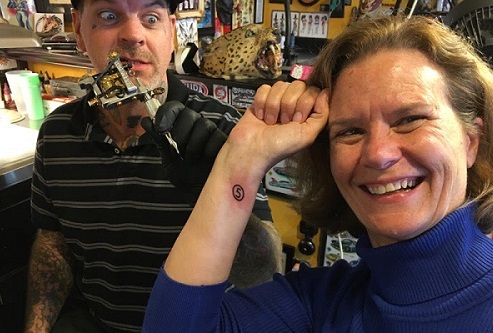 Lisa Weldon, author of Twenty Pieces, getting her first tattoo at 65/Photo: Maureen Goldman