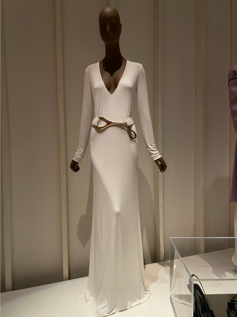 White Gucci 1996 dress at FIT exhibit: Reinvention & Restless: Fashion in the Nineties | Photo: Pamela Burke for The Women's Eye | thewomenseye.com