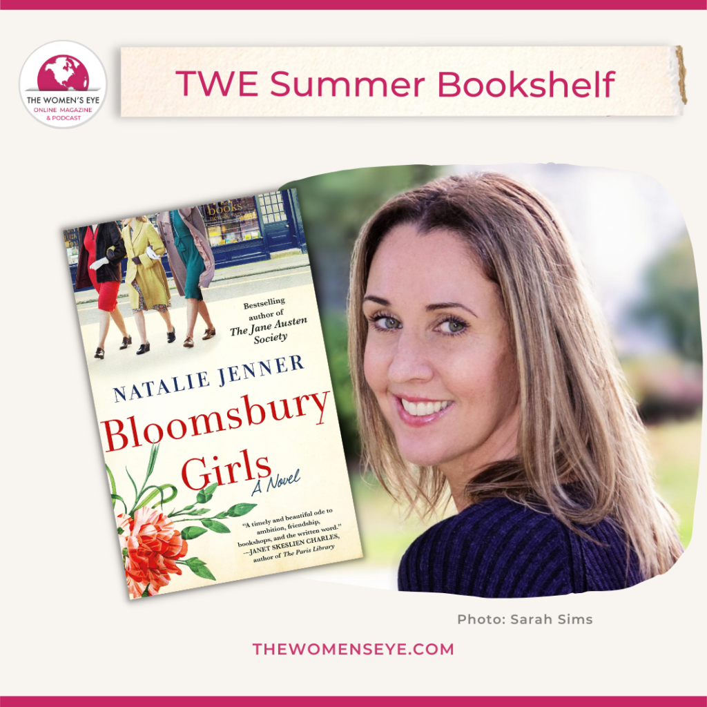 Natalie Jenner, author of The Boomsbury Girls and The Jane Austen Society with cover of Bloomsbury Girls  | Photo: Sarah Sims | Photo of Natalie: Sarah Sims