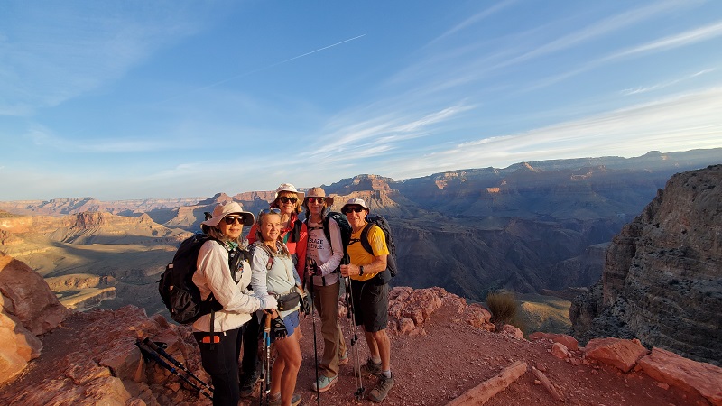 Stacey Gualandi, TWE podcast host and friends, hiking Grand Canyon Rim to River Trail, 6-23 included in Alenka Vrecek TWE post/Photo Courtesy Stacey Gualandi