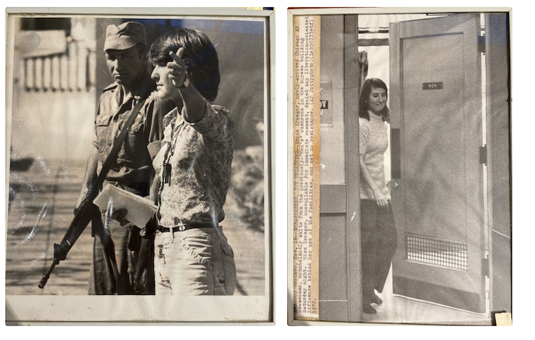 (Left) Brooke Kroeger Golan Heights, Nov. 11, 1980, Credit Mike Theiler | (Right)Nov. 18, 1972, Brooke Kroeger  coming out of the men's room late at night (the women’s room was locked) in the AP Chicago bureau-her first job Credit Lee-Balgemann